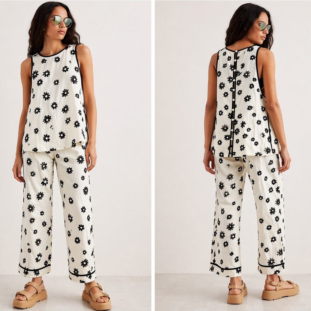 NEW Free People Groovy Daisy Black Floral Cotton Linen 2 Piece Casual Set Size 0
